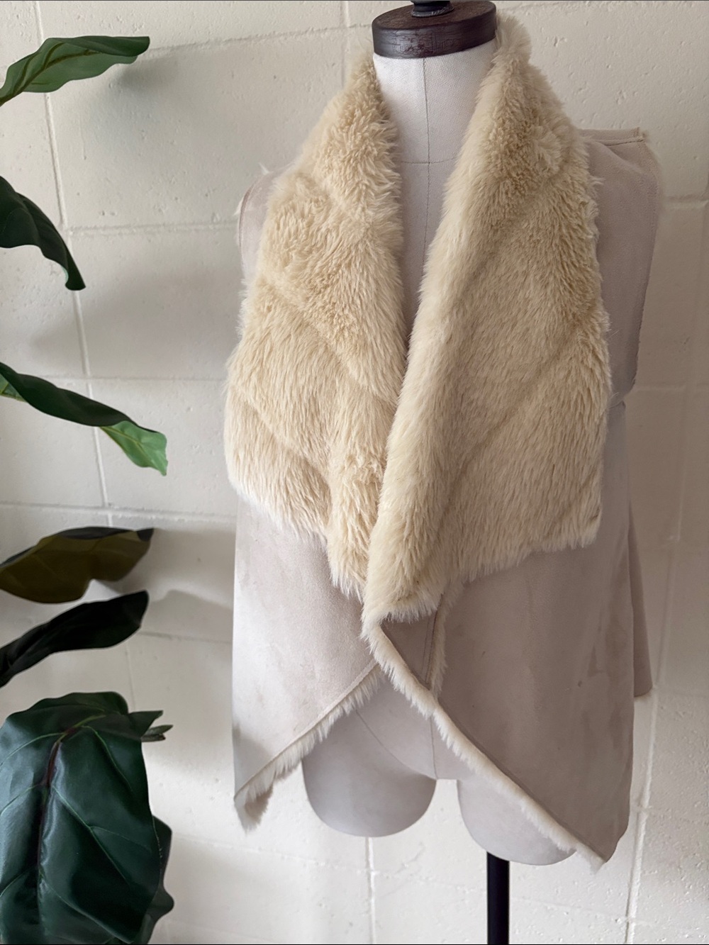 Plush Faux Fur Trim Cream Vest